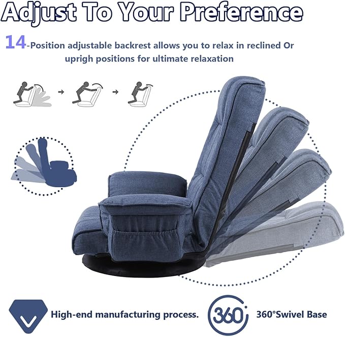 360 Degree Swivel Floor Chairs for Adults Gaming Floor Chair with Back Support 14 Angles Adjustable Comfortable Floor Lounge Chair Folding Video Game Chairs Office Bedroom 201(Blue)