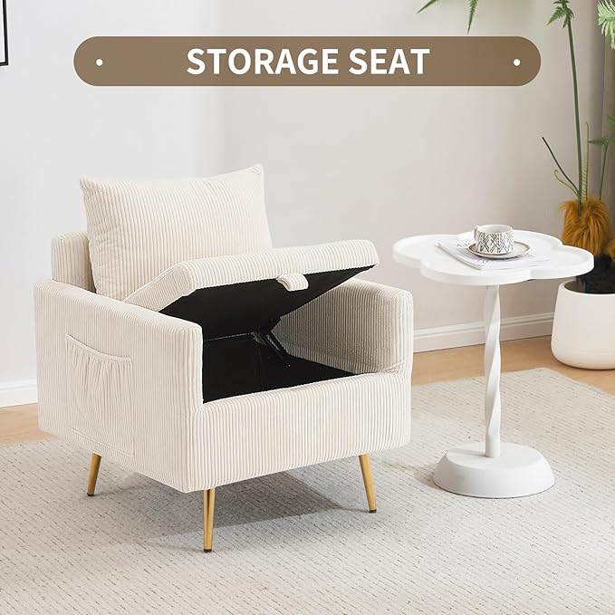Furnimart Beige Mid-Century Modern Corduroy Storage Accent Chair with Arm 1-Seater Built-in Storage Reading Chair for Bedroom Living Room Apartment