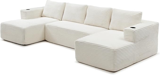 132” Oversized Modular Sectional Sofa Modern Comfy Corduroy U Shaped Couch with Cup Holders Boneless Compressed Memory Foam Cloud Couch for Living Room Office No Assembly Requiredm Beige