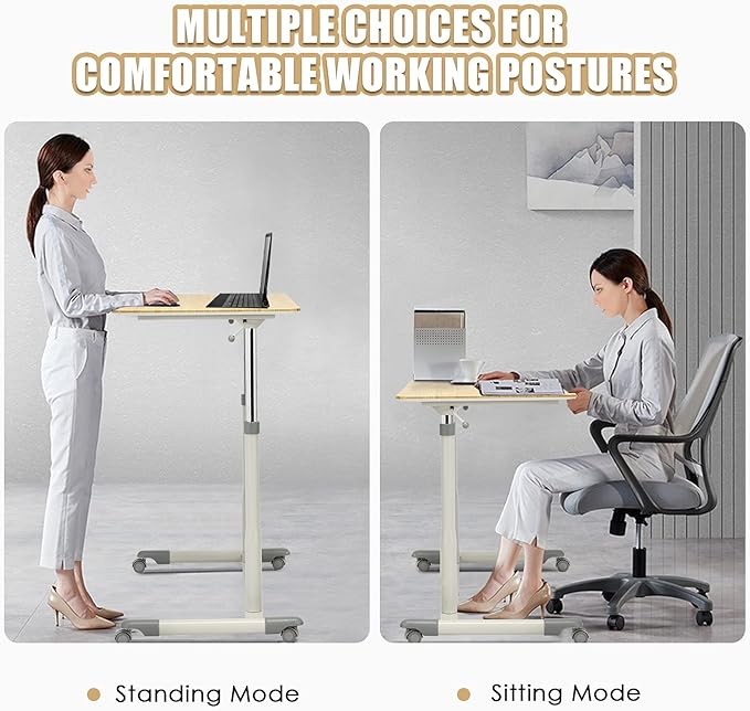 Tangkula Mobile Standing Desk Computer Desk Height Adjustable Stand Up Table with 4 Wheels Rolling Compact Standing Desk with Steel Frame MDF PVC Tabletop Ideal for Home Office (Natural)