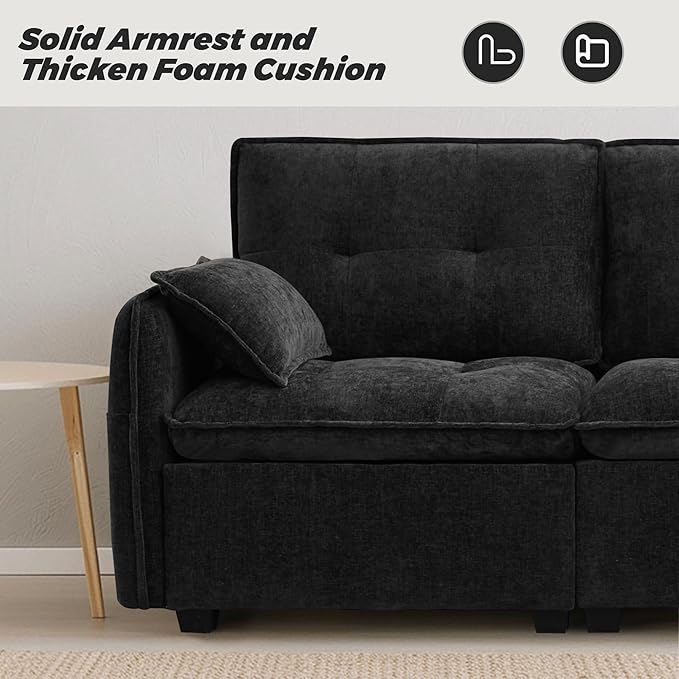 Oversized Modular Sectional Sofa with Ottoman 96.5 Inch 3 Seat Deep Seat Chenille Couch Convertible L Shaped Sofa with Pillows Comfy SeatingCouch for Living Room Apartment Office (Black)