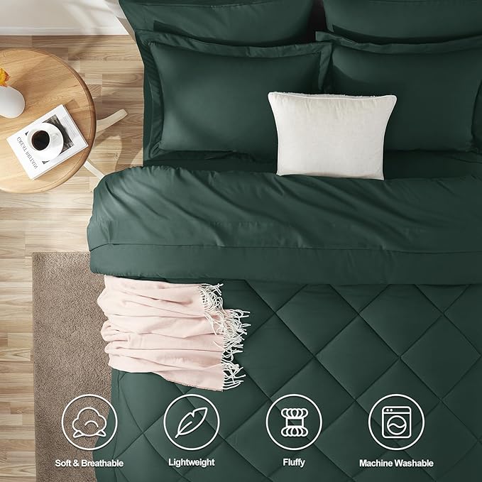CozyLux Queen Comforter Set Forest Green - Bed in a Bag Queen Size 7 Pieces Luxury Soft Bed Set for All Seasons Bedding Set with Down Alternative Comforter Sheets Pillowcases &amp Shams