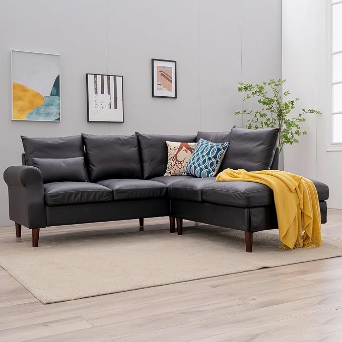 Panana Upholstered Sofa Couch Linen Fabric/Artificial Leather L Shaped Corner Sectional Modern Living Room Sofa (Black Faux Leather 5 seat Right Corner with Built-in USB Port)