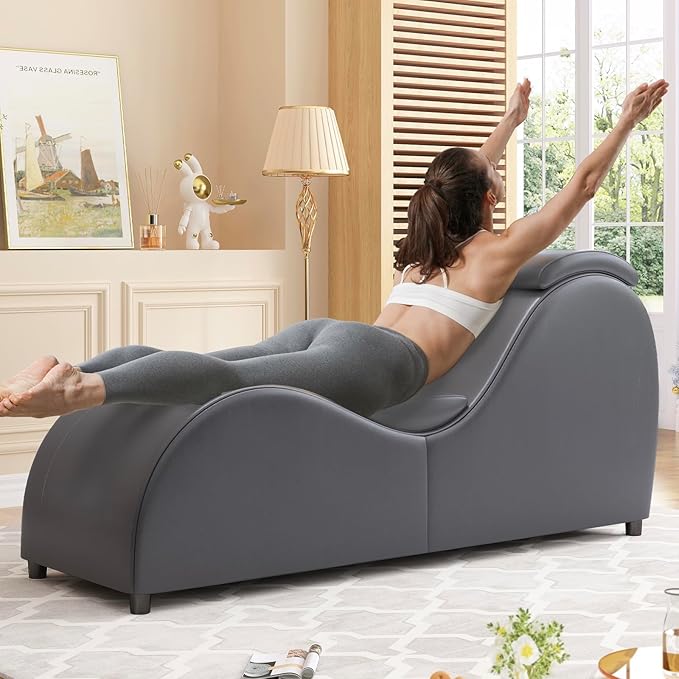 BALUS 60'' Yoga Chairs for Adults Stretching Exercising Relaxing Faux Leather &amp Wooden Sleek Yoga Sofa Chaise Lounge Chair with Adjustable Head Cushion for Living Room Apartment Office Dark Gr