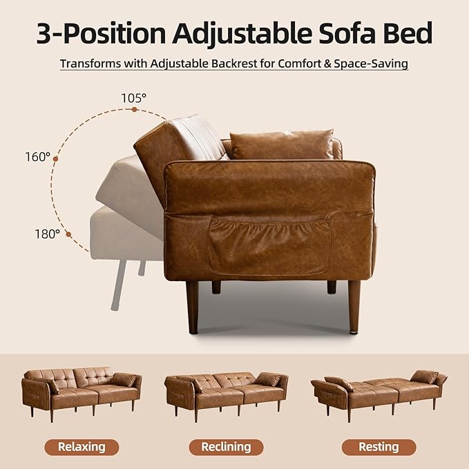 85” Futon Sofa Bed Sleeper Sofa Small Couch with Storage Adjustable Armrests Pillows Faux Leather Loveseat Mid Century Modern Couches for Living Room Bedroom Apartment Brown