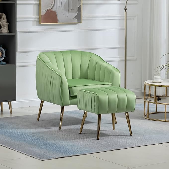 Velvet Accent Sofa Chair with Ottoman Comfy Living Room Chairs with Adjustable Legs Modern Upholstered Tufted Lounge Barrel Chair Ottoman Set for Bedroom Home Office (Grass Green)