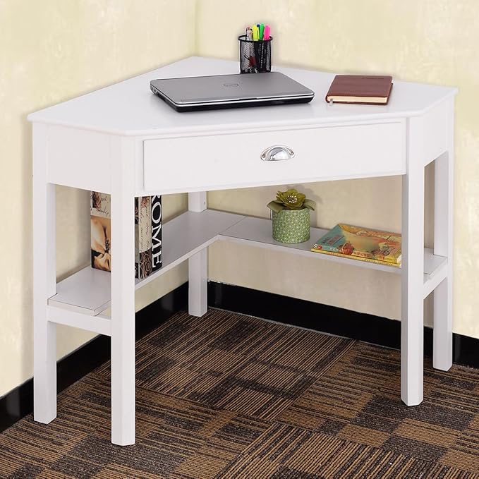 Corner Desk Compact Home Office Corner Desk Organizer90 Degrees Triangle Computer Table Laptop Writing Table for Small Spaces with Storage Shelf and Drawer (White)