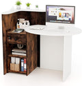 Reception Desk Small Retail Checkout Counter with Lockable Drawer and Open Shelves Wooden Front Desk Reception Counter Oval Desktop &amp L Counter for Store Office Lobby Salon (White &amp Brown)