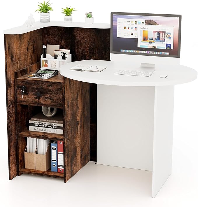 Reception Desk Small Retail Checkout Counter with Lockable Drawer and Open Shelves Wooden Front Desk Reception Counter Oval Desktop &amp L Counter for Store Office Lobby Salon (White &amp Brown)