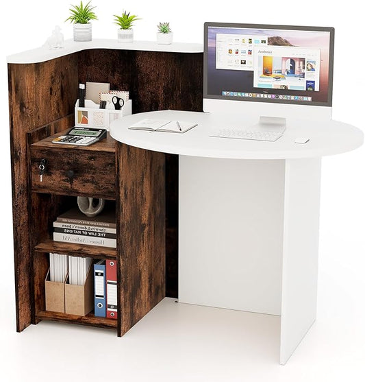 Reception Desk Small Retail Checkout Counter with Lockable Drawer and Open Shelves Wooden Front Desk Reception Counter Oval Desktop &amp L Counter for Store Office Lobby Salon (White &amp Brown)