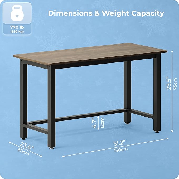 51 Home Office Desk Modern Computer Desk 51.2x23.6x29.5 inches PC Table with Thicken Frame Industrial Style Sturdy Metal Frame Furniture for Writing Gaming Rustic Brown+Black