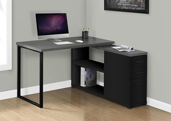 Computer Desk Home Office Corner Left Right Set-up Storage Drawers L Shape Work Laptop Black and Grey Laminate Black Metal Contemporary Modern