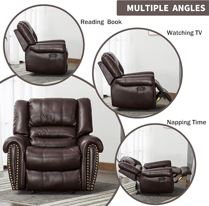 CANMOV Leather Recliner Chair Classic and Traditional Manual Recliner Chair with Comfortable Arms and Back Single Sofa for Living Room Brown