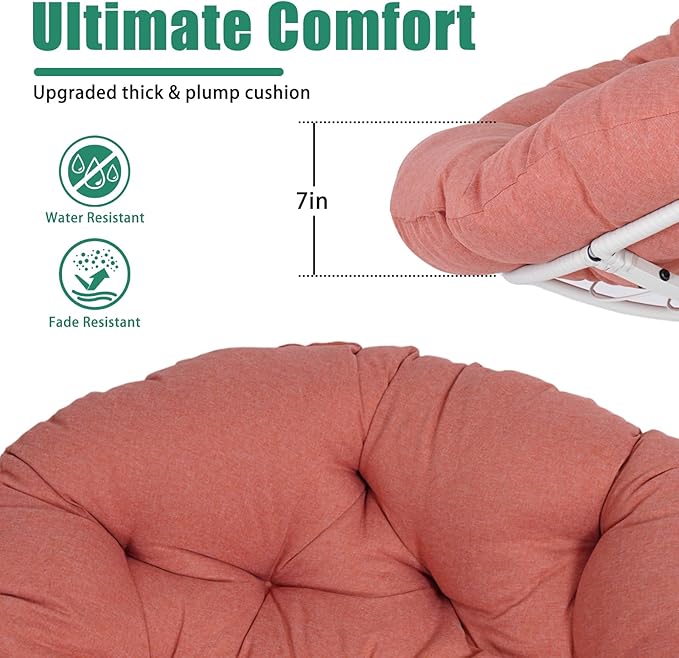 43 Ergonomic 360° Swivel Papasan Chair Wicker Round Chair with Thick Cushion Lounge Chair for Living Room Bedroom Reading Nook Indoor Outdoor Use Orange Cloud &amp White Frame