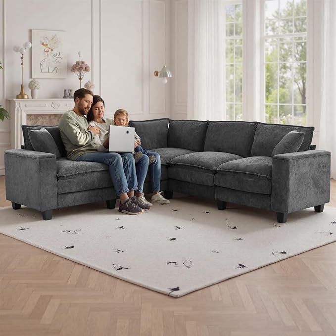 97 5 Seater L Shaped Couch Corner Sofa Oversized Cloud Couch with 2 Pillows Chenille Modular Sectional Sofa Armrests with Two Hidden Storage Space Sectional Couches for Living Room Dark Grey