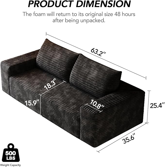 63 Small Space Boneless Modular Couch with Corduroy Memory Foam Deep Seat - Cloud - Comfy No Assembly Required Sofa for Living Room Bedroom &amp Apartment (Black 63 inch)