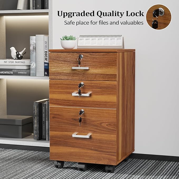 VINGLI 3-Drawer File Cabinet with Lock Wood Rolling Filing Cabinets for Home Office Mobile Printer Stand Under Desk File Organizer for Letter Sized Files 26 H(Caster Included) Walnut