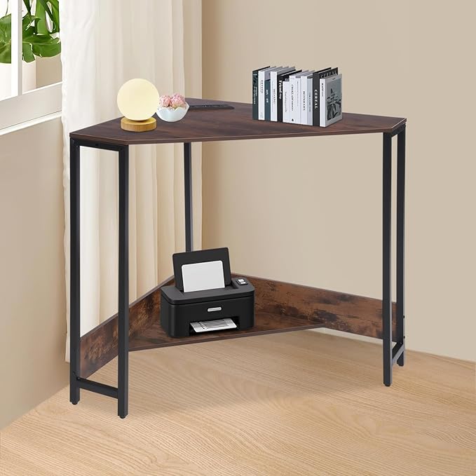 Corner Computer Desk 26.77”*29.53 Corner Table with Outlets Triangle Desk with Storage for Home Office Workstation Living Room Bedroom Rustic Brown