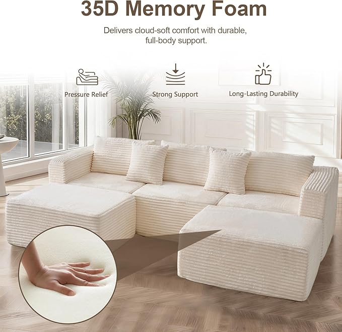 110 Corduroy Boneless Modular Sectional Sofa Cloud Couch with Memory Foam Deep Seats U-Shaped Couches for Living Room Bedroom and Apartment No Assembly Required Beige