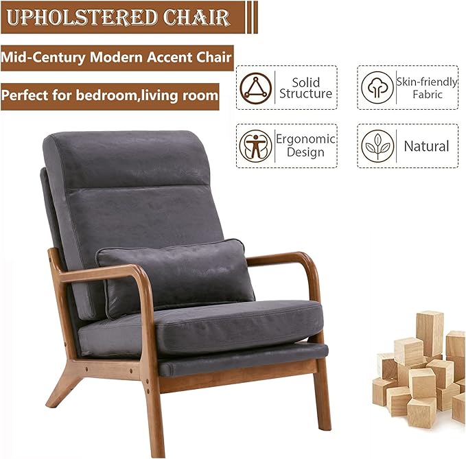 Accent Chair for Living Room Mid-Century Modern Upholstered Armchair with PillowReading Arm ChairComfy Accent Chair for Bedroom