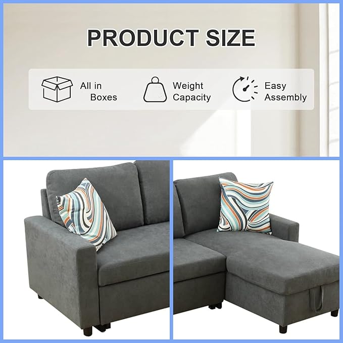 FONTOI Sofa Bed Pull Out Couch Convertible L Shaped Sleeper Sofa with Storage Chaise Modern Lounge Small Sectional Couches for Living Room Small Spaces Grey