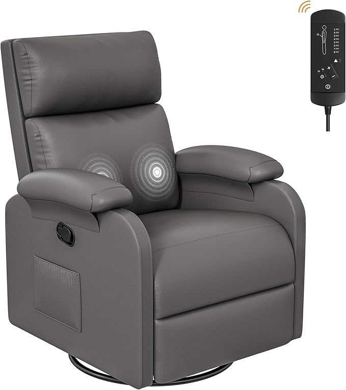 Homall Recliner Chair 360 Swivel Rocking Chair for Adults Massage Nursery Chair with Adjustable Backrest and Footrest PU Leather Glider Rocker Recliners with Side Pocket for Living Room (Grey)