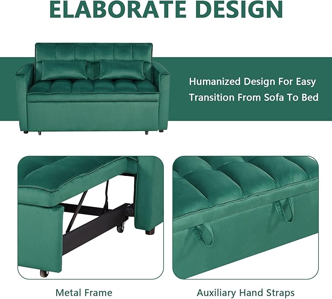 54 Convertible Sofa Bed Velvet Sleeper Sofa with Pull-Out Bed 3-in-1 Futon Couch with Reclining Backrest and Side Pocket Modern Loveseat for Living Room (Dark Green)