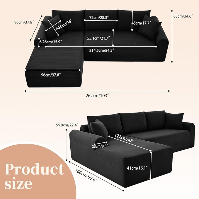 Modular Sectional Couch in a Box 103 L Shaped Boneless Cloud Couch with Deep Seat Convertible Sofa Bed for Living Room Bedroom Apartments No Assembly Required Black Left Facing Chaise