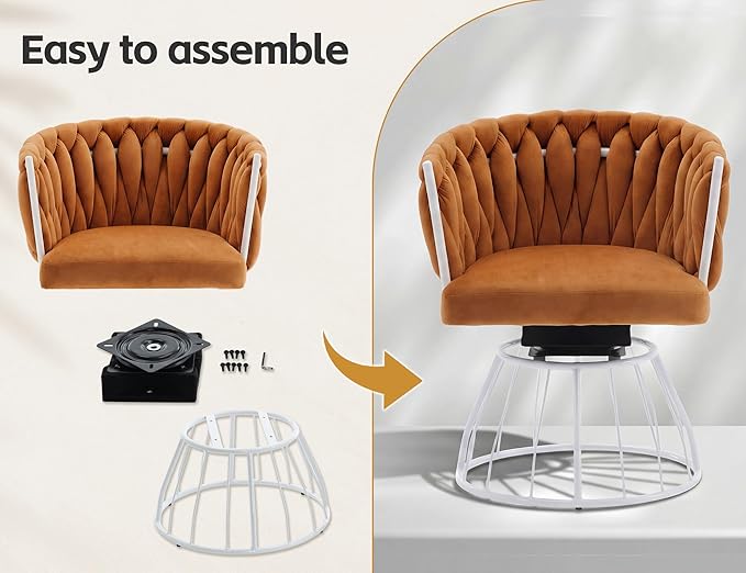 Mistpeople Swivel Weave Accent Chair Velour Upholstered Modern Chair with Woven Tufted Backrest for Living Room Bedroom Vanity Orange