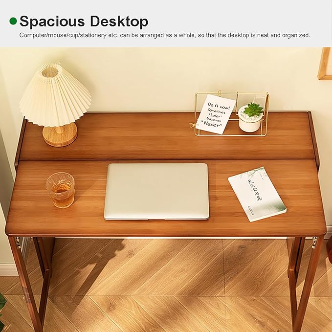 Solid Wood Folding Desk Mid Century Modern Writing Computer Desk for Home Office Study With Storage Shelf for Small Spaces (103cm/40.5 Walnut)