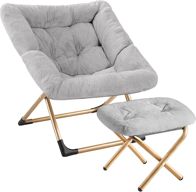 Comfy Oversized Saucer Chair with OttomanSoft Faux Fur Reading Lounge Chair for AdultsStable X-Large Metal Frame and Non-Slip PadCozy Chair for Bedroom Living Room Dorm Light Gray