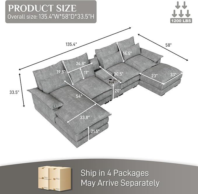 OUYESSIR 135 U Shaped Sectional Cloud CouchGrey Sectional Couches for Living RoomComfy Fluffy Chenille Oversized Cloud CouchModular Sectional Sofa with Central Console &amp Double Chaise Lounge