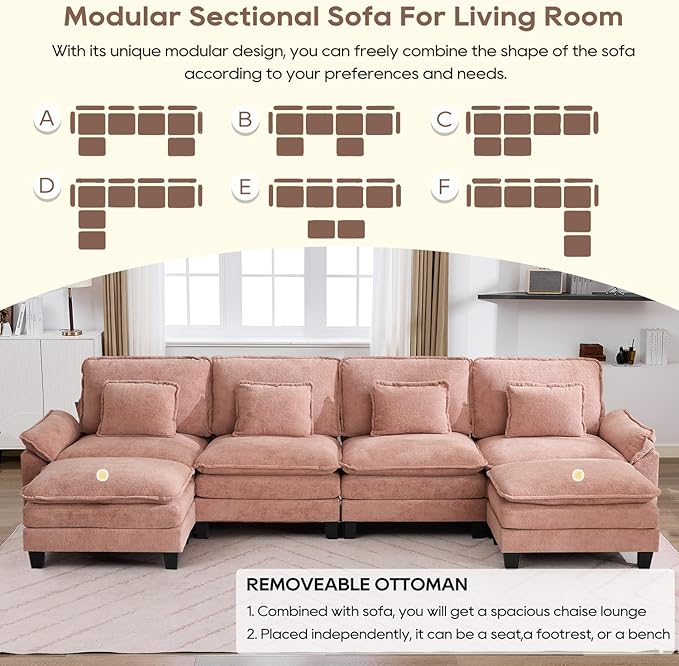IPKIG 154 Modular Sectional Sofa Velvet U-Shaped Sectional Couch Comfy Upholstered Seat Sofa with Ottoman Deep Seat Cloud Couch Sofa for Living Room Pink | 2 Layer Cushion Cloud Couch Modular Se