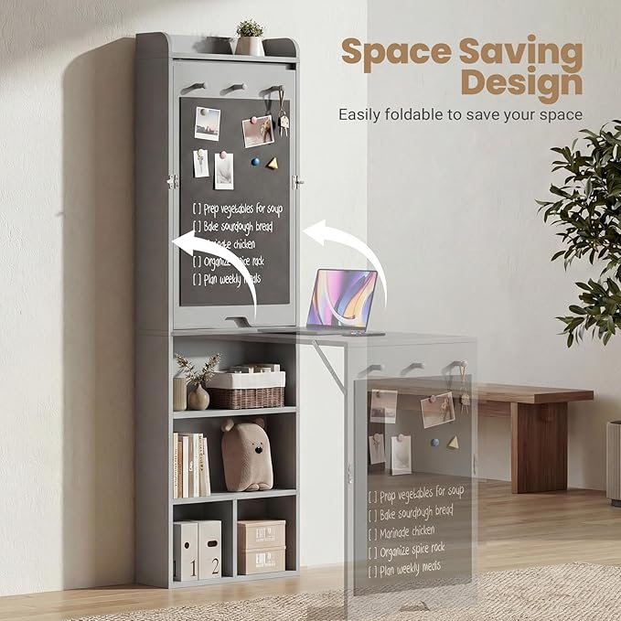 Wall Mounted Foldable Desk with LED and Corkboard Space-Saving Fold Out Convertible Writing Table with Shelves &amp Magnetic Blackboard Floating Murphy Desk Workstation for Home Office Dorm (Gray)