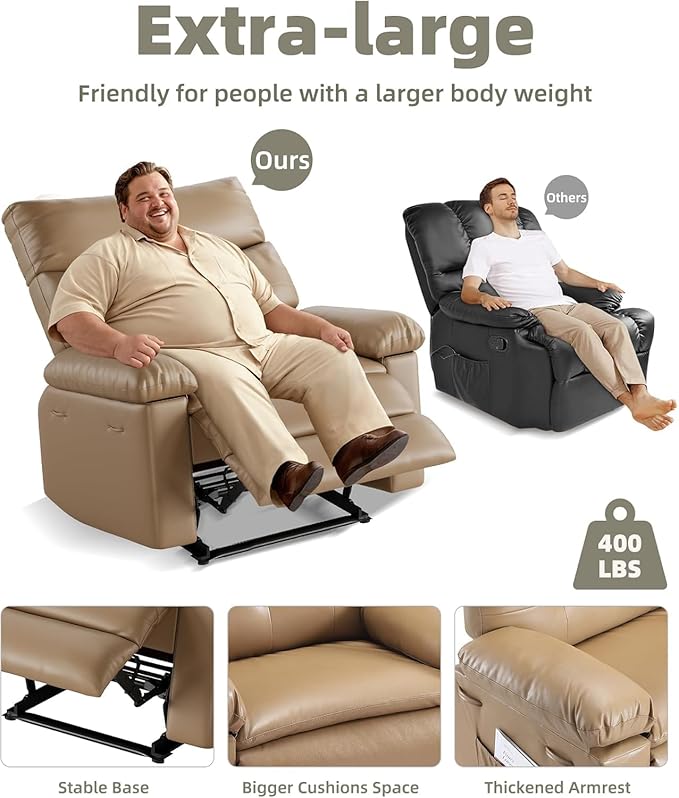 Regular Manual Recliner Chair for Adults PU Leather Comfy Reclining Chair with Overstuffed Arms &amp Back Side Pocket Modern Single Sofa for Living Room BedroomKhaki