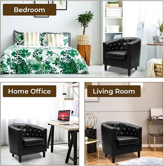 Naomi Home Emma Faux Leather Barrel Accent Chair – Modern Tufted Faux Leather Armchair with Wooden Legs Wide Seat Enhanced Back Support for Living Room Décor