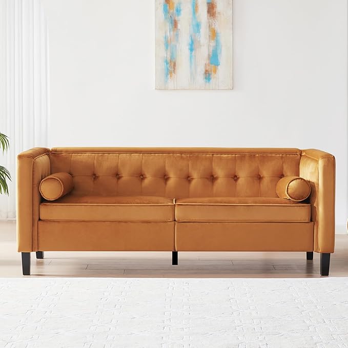 WILLOVE 78 Mid-Century Modern Velvet Sofa 3 Seater Couch with Comfy Deep Seats Futon Loveseat Couch for Living Room Furniture with Two Throw Pillows Easy to Install (Ginger)