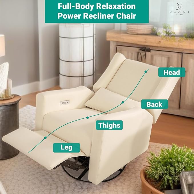 Naomi Home Tanya Luxury Motion Recliner Chair Cream – Plush Upholstered Glider Rocker with USB Charging Swivel and Lumbar Support for Nursery Comfort 275 lbs Capacity