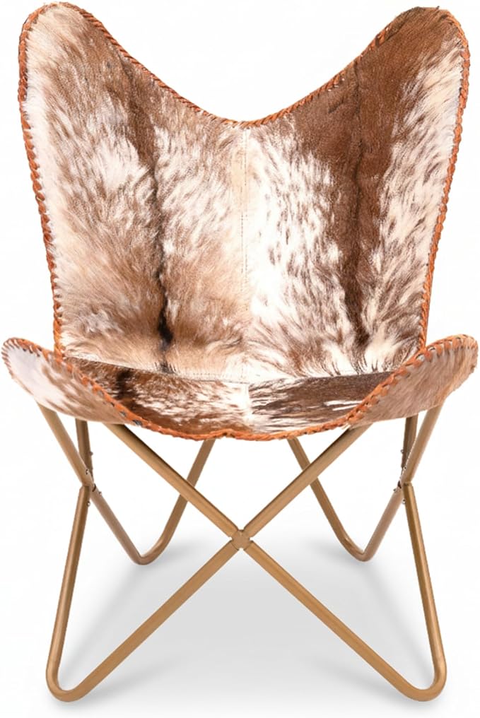 Shy Shy Let’s Touch The Sky Home Decor Genuine Goat Leather Butterfly Arm Chair with Black/Brown White Hair on Cowhide Accent Chair (White and Brown with Rose Gold)
