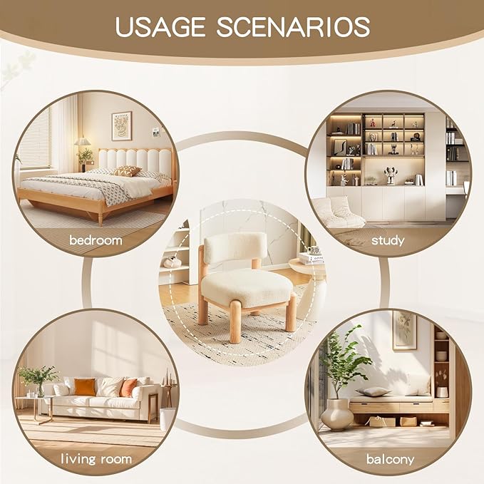Furniliving Mid Century Accent Chair Armless Upholstered Living Room Chair with Solid Wood Comfy Modern Lounge Chairs for Bedroom Home Office Dining Room Reading Room Beige White
