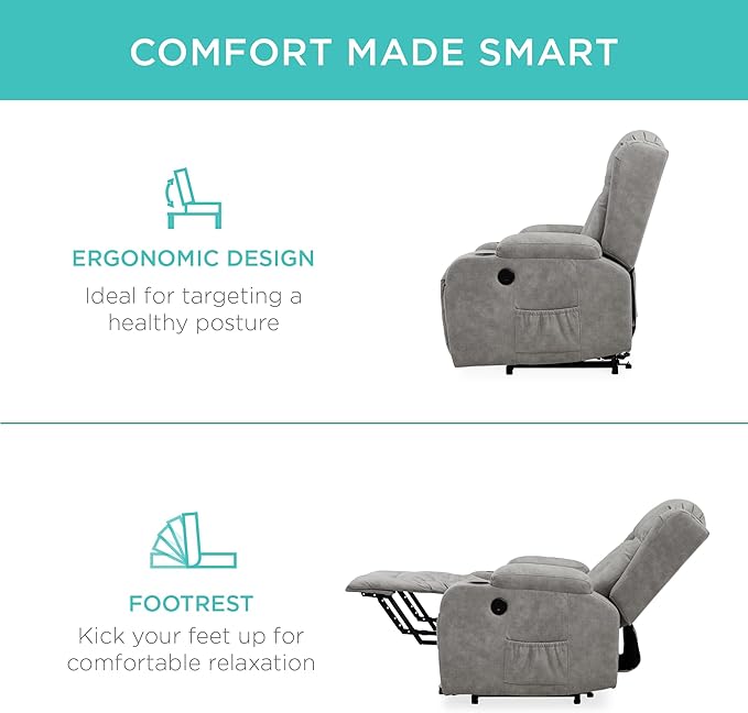 Best Choice Products PU Leather Electric Power Lift Chair Recliner Massage Chair Adjustable Furniture for Back Legs w/ 3 Positions USB Port Heat Cupholders Easy-to-Reach Side Button - Gray