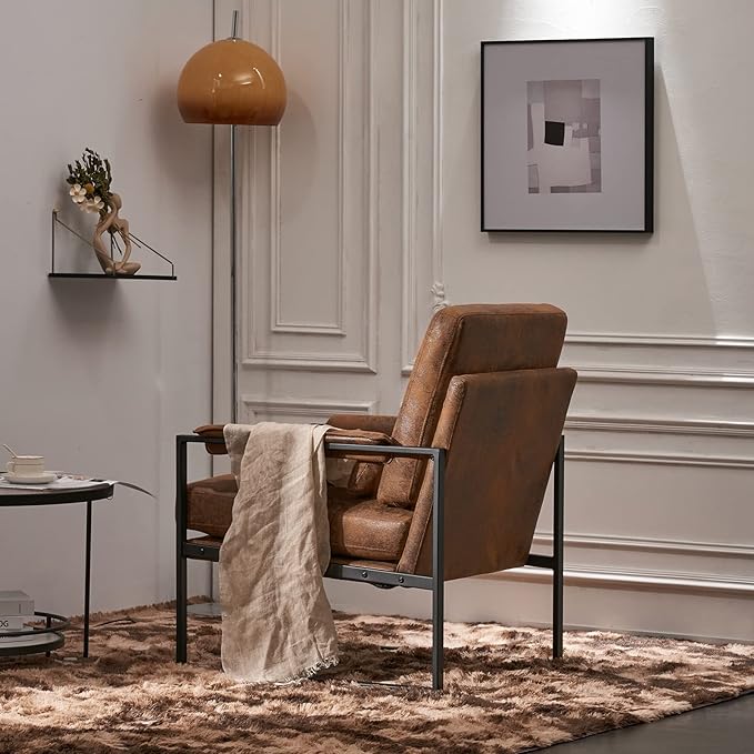 Karl home Mid-Century Accent Chair Bronzing Cloth Arm Chair with Metal Legs Thick Padded Sofa Chair Lounge Chair with Pillow for Living Room Bedroom Belcony Bronzing Brown