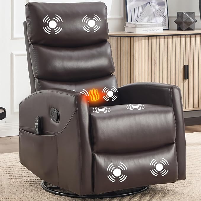Massage Chair Recliner with Heat Swivel Rocking Chair Recliner with High Back Manual Lazy Boy Recliners for AdultsSmall Recliner Chair for Small Spaces Living Room Bedroom Fabric (Brown)