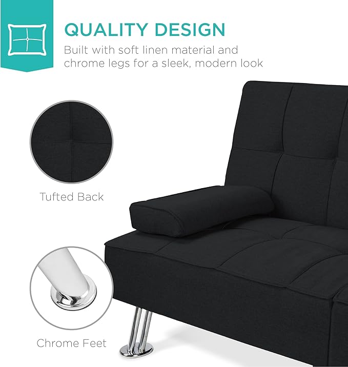 Best Choice Products Linen Modern Folding Futon Reclining Sofa Bed for Apartment Dorm w/Removable Armrests 2 Cupholders - Black