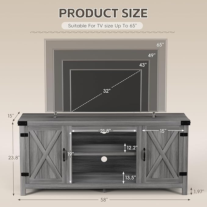 YESHOMY Modern Farmhouse TV Stand with Two Barn Doors and Storage Cabinets for Televisions up to 65+ InchEntertainment Center Console TableMedia Furniture for Living RoomRustic Gray