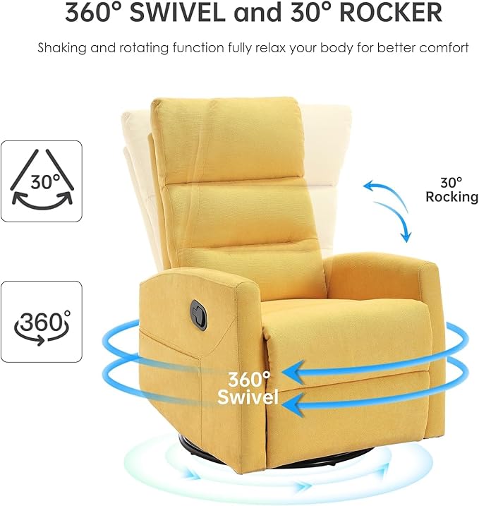 360° Swivel Rocker Recliner Chair for Small Spaces Manual Recliner with Side Pockets for Petite Adults Small Rocker Recliner for Living Room Bedroom - Yellow