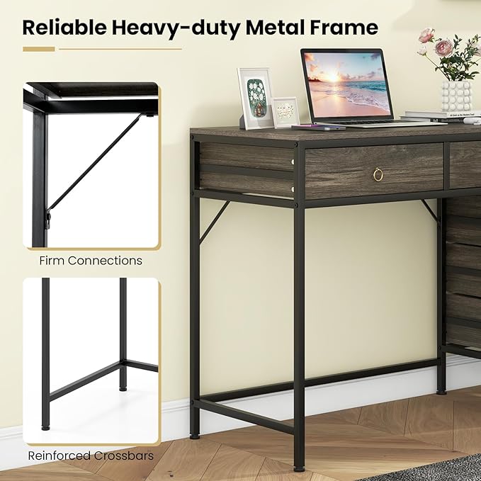 Tangkula Computer Desk with 5 Drawers 51 Home Office Desk with Printer Stand Metal Frame Study Writing Table Industrial Computer Workstation PC Desk for Bedroom Office Small Spaces (Grey)