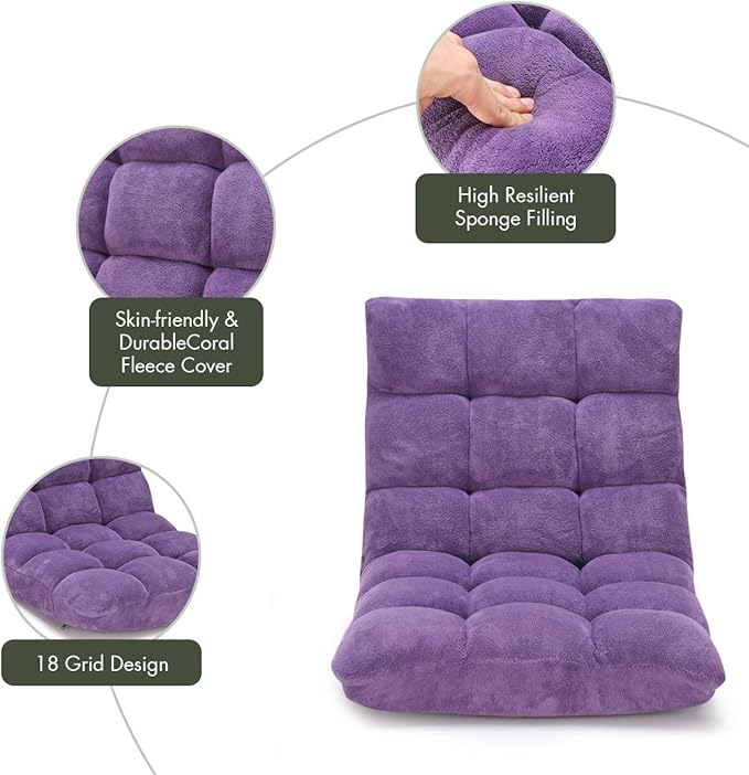 S AFSTAR Cushioned Floor Chair 14-Position Adjustable Padded Lazy Recliner with Comfortable Back Support and Skin-Friendly Cover Great for Reading Playing Game Meditating (Tender Violet)