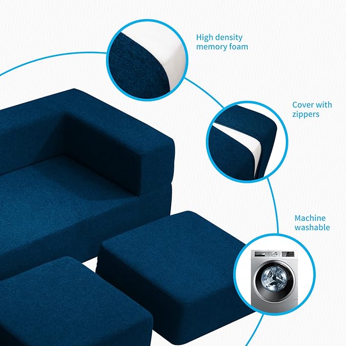 Mjkone Queen Convertible Velvet Futon Sofa Bed with 3 Ottomans Memory Foam Fold Out Couch Bed Foldable Floor Sofa Guest Sleeper for Living Room Blue