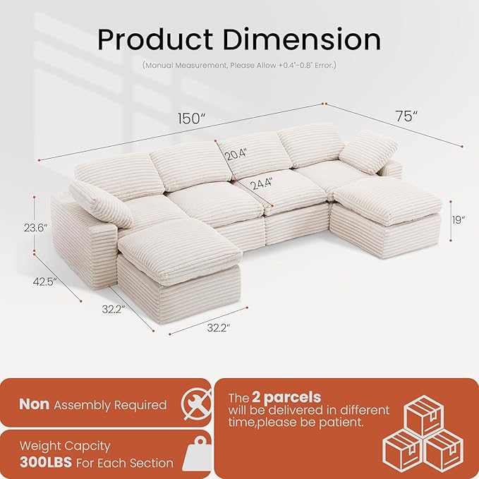 KKL 150 U Shaped Sectional Modular Boneless Sofa 6 Seater Cloud Couch with Ottoman Corduroy Sectional Couches for Living Room Bedroom Beige